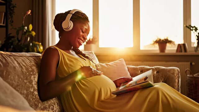 A pregnant woman in a yellow dress enjoys a book while sitting on a cozy couch, with warm sunlight streaming through the window. The scene showcases the woman's peaceful moment ami