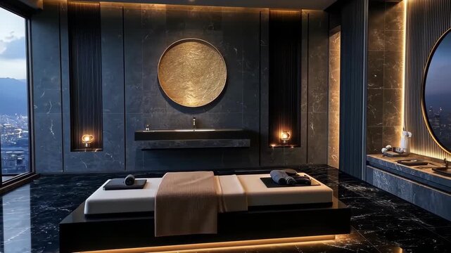 Luxurious spa room with massage bed, city view. Relaxation and wellness concept.
