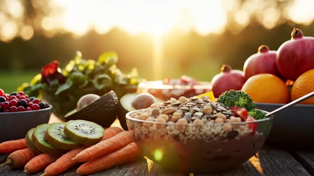 A colorful spread of fresh fruits and vegetables is displayed on a wooden table, illuminated by the warm sunlight. The array includes berries, carrots, and avocados, representing h
