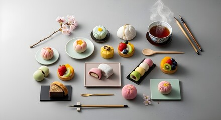 Elegant Japanese sweets and steaming tea evoke tranquility and culinary delight