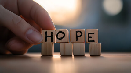 Hand places letter blocks spelling "HOPE," symbolizing optimism and faith. The arrangement suggests building a better future, fostering positivity and anticipation.