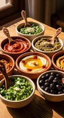 Delicious variety of dishes in bowls, presented on a wooden table. Perfect for culinary projects, food blogs, or restaurant menus.