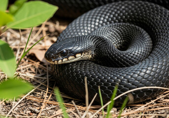 Obraz premium Close-up of a magnificent black snake coiled on the forest ground, scales prominent, a captivating wild reptile
