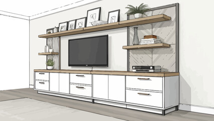 Chic living room interior design concept with modern media console and stylish shelving, perfect for home decor inspiration and interior design projects