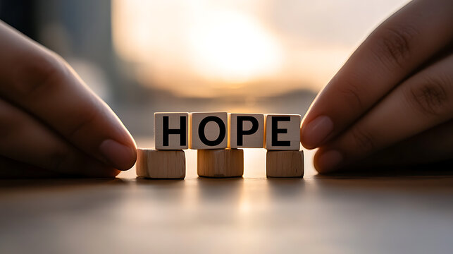 Fingers frame the word 'HOPE' spelled out in wooden blocks against a bright, blurred sunset backdrop. The message is about resilience, optimism, and a hopeful outlook.