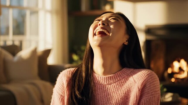 Asian woman laughing joyfully in cozy living room by fireplace. Expressive happiness and emotional release in warm home setting. Cinematic medium closeup footage of genuine mirth.