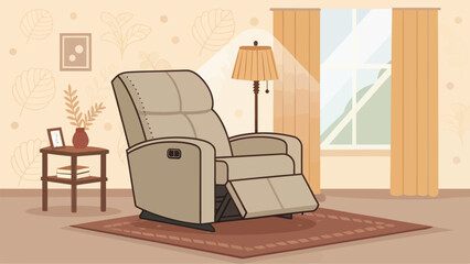 Relaxing recliner chair scene perfect for home decor, creating a cozy feeling with a modern lamp, side table and window view, designed for comfort