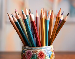 colorful pencils in a decorative ceramic holder