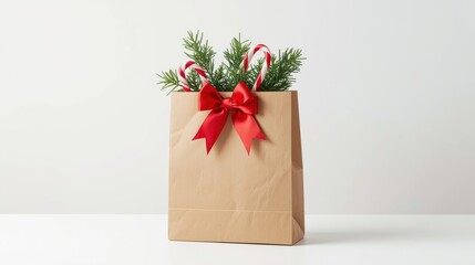 Festive Holiday Shopping Bag with Bow and Candy Canes — Isolated Christmas Product Photo