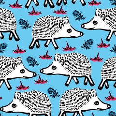 Naklejka premium Seamless African hedgehog dog pattern on blue background for wrapping paper, textiles, backgrounds and children's wallpapers.