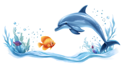 Adorable Dolphin and Fish in Fun Ocean Adventure Scene
