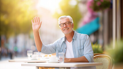 Smiling elderly white man with glasses waving to a friend at an outdoor cafe, enjoying a sunny day, surrounded by vibrant greenery and a lively atmosphere