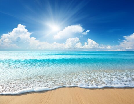 sunny summer beachscape blue sky white clouds shining sea water