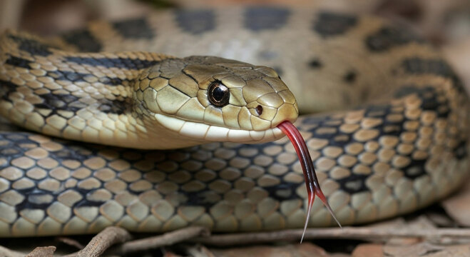 Striking detailed close-up of a wild snake's head and patterned body, revealing its beautiful reptilian scales and active forked tongue