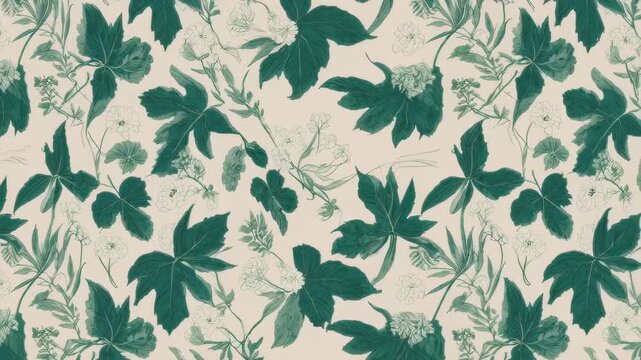 A repeating botanical pattern features stylized leaves and delicate florals in shades of green