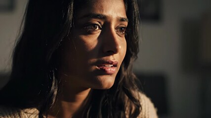 Cinematic closeup of woman with emotional expressions. Thoughtful gaze and subtle facial changes in soft lighting. Introspective portrait footage for dramatic storytelling and character development.