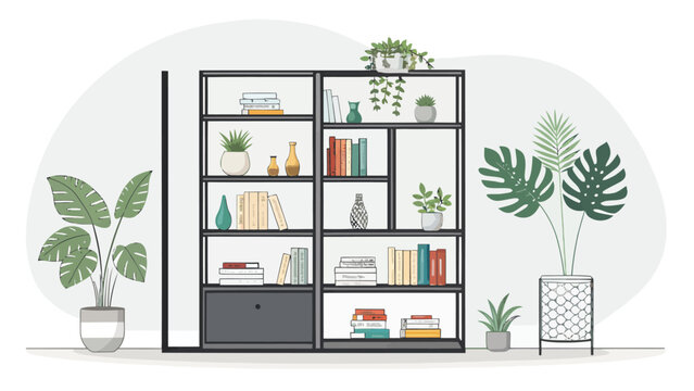 Modern living space featuring bookshelf with books and potted plants, creating a cozy, inviting, and well-organized home interior design concept