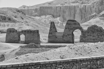 Luxor, Egypt- August 13, 2025: Ruins of an ancient temple. Toned image. Black and white image. Upper Egypt, Luxor, City of the Dead. 