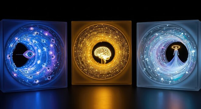 Three illuminated abstract art pieces depicting cosmic or neural pathways, one with an eye, another with a brain, and the third with a human-like figure. - Powered by Adobe