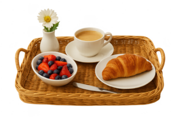 Breakfast tray with coffee, croissant, fresh berries, transparent background