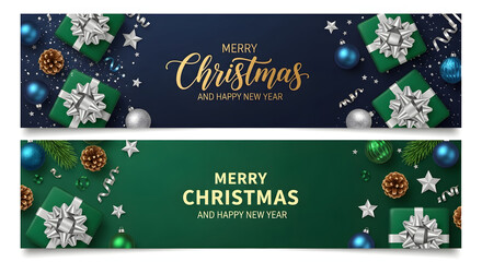 Merry Christmas and Happy New Year Horizontal Banner Set with Green Gift Boxes Ornaments and Gold Lettering Vector Background