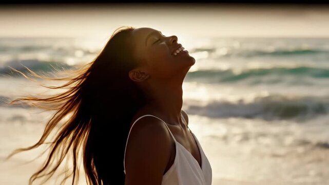 Woman laughing joyfully on beach at sunset with flowing hair in wind. African American female smiling happily against golden ocean waves. Cinematic medium shot footage capturing freedom and happiness