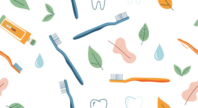 Seamless pattern of dental hygiene items, including toothbrushes, toothpaste, and teeth outlines, with natural elements like leaves and water drops.