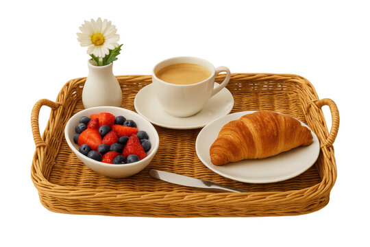 Breakfast tray with coffee, croissant, fresh berries, transparent background - Powered by Adobe