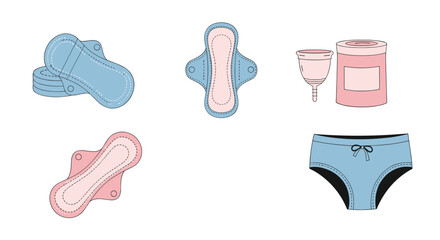 An illustration featuring a collection of reusable and eco-friendly feminine hygiene products, including various cloth menstrual pads, a menstrual cup, and period underwear.