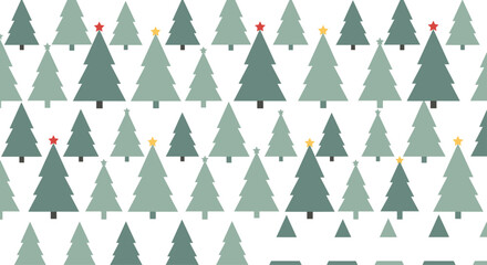 Festive seamless pattern featuring various green Christmas trees adorned with red and gold stars on a clean white background.