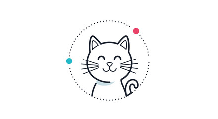 A charming and happy cartoon cat with a friendly smile, illustrated within a dotted circle, conveying warmth and playful joy.