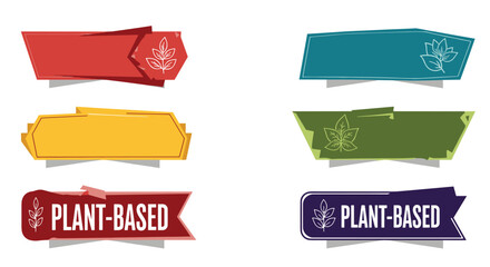 Collection of colorful plant-based labels and ribbons with leaf icons, perfect for organic, vegan, and eco-friendly product branding.