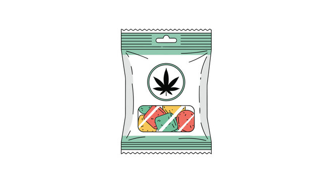 Vector illustration of a clear bag filled with assorted colorful cannabis gummies, highlighted by a marijuana leaf symbol on the packaging.