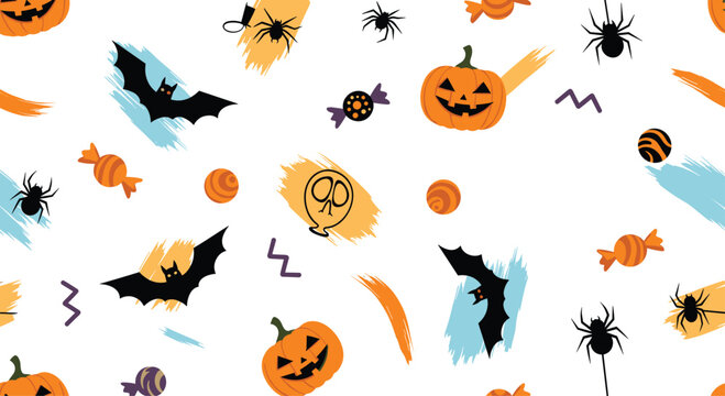 Seamless Halloween pattern with spooky jack-o'-lanterns, flying bats, spiders, and candies on a white background with colorful brush strokes. - Powered by Adobe