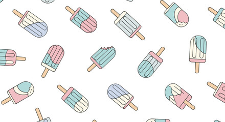 Adorable seamless pattern featuring various pastel-colored popsicles and ice lollies, ideal for summer-themed designs and sweet treats.