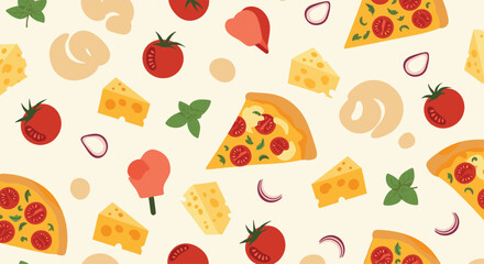 A vibrant seamless pattern featuring delicious pizza slices, fresh tomatoes, cheese, basil, and red onions, alongside whimsical decorative elements.