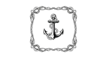 Detailed black and white illustration of a nautical anchor within a rope frame.