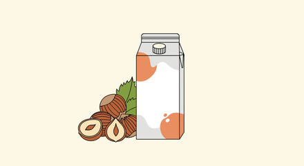 Minimalist illustration of a hazelnut milk carton with a screw cap, accompanied by a small pile of whole and shelled hazelnuts on a light background.