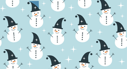 A charming seamless pattern features playful snowmen wearing dark pointed hats with stars, set against a light blue background with twinkling white stars.