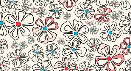 Whimsical hand-drawn daisy-like flowers with red and blue centers creating a continuous nature-themed design on a cream backdrop.