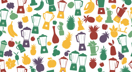 A colorful assortment of blender and fruit silhouettes arranged on a white background.