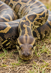 Fototapeta premium Intense gaze of a powerful python, showcasing its distinctive brown and black patterns, coiled gracefully on dry earth, a captivating and majestic reptilian predator in its natural habitat