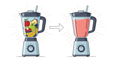 Blender with fruits for smoothie transforming into blended smoothie shown with arrow depicting before and after concept on a white background.