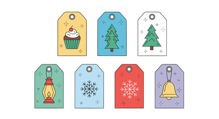 Collection of colorful Christmas and holiday gift tags featuring festive designs such as evergreen trees, snowflakes, a cupcake, a lantern, and a golden bell.