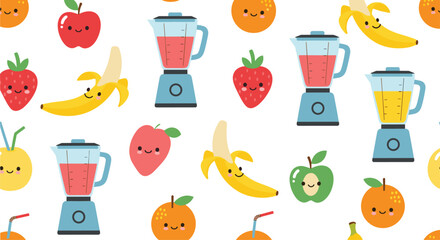 A charming seamless pattern featuring cute cartoon fruits, including strawberries, bananas, apples, and oranges, along with blenders making colorful smoothies.