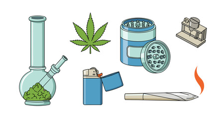 An illustrative set of cannabis smoking accessories, featuring a bong, grinder, lighter, rolling machine, a lit joint, and a marijuana leaf.