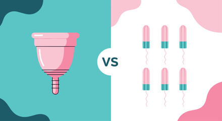 Visual comparison of a reusable pink menstrual cup versus multiple disposable tampons for feminine hygiene protection.