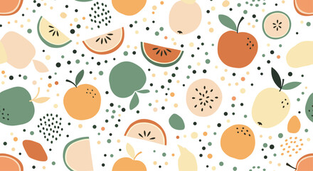 Colorful and playful seamless pattern featuring various hand-drawn fruits like apples, kiwi, and watermelon, scattered with dots on a white background.