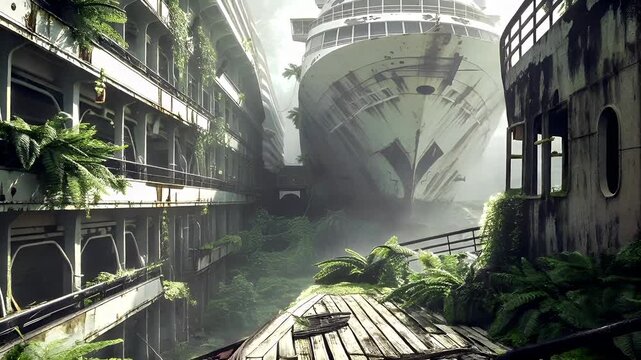 Cruise ship. Destroyed ruins abandoned buildings apocalypse scene of city. Aerial view of a dilapidated, multistory building with balconies covered in greenery and plants.