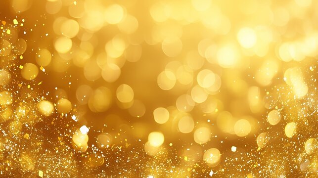 Golden abstract glittery background with bokeh, shiny golden light and sparkle effects, exuding luxury for festive cards, party invitations, celebrations or elegant event designs with radiant shimmer.